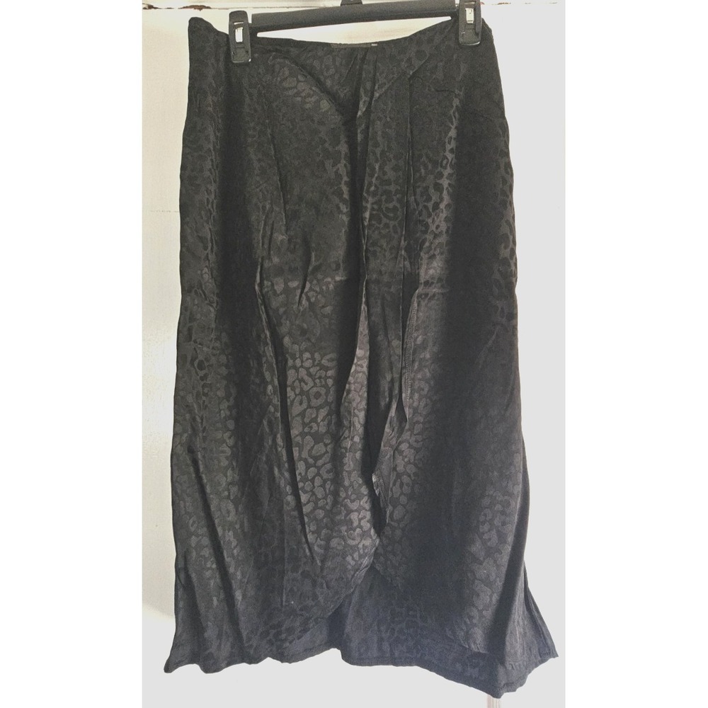 DRESS FORUM black animal print faux wrap‎ skirt pencil satin slit midi Sz L